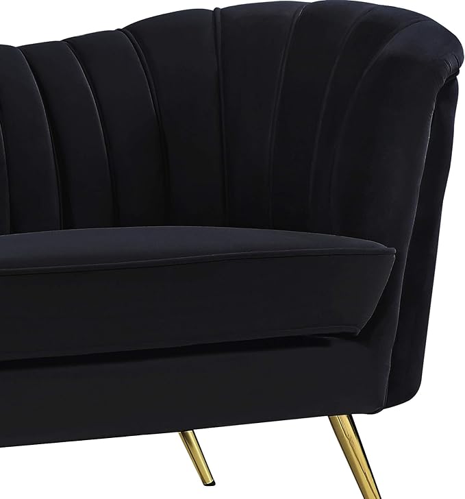 Meridian Furniture Margo Collection Modern | Contemporary Velvet Upholstered Loveseat with Deep Channel Tufting and Rich Gold Stainless Steel Legs Black 65 W x 30 D x 33 H
