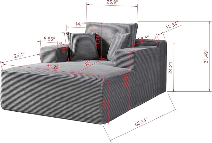 Monroe Convertible Chaise Lounge Chair Indoor – Oversized Corduroy Couch with Wide Armrest &amp Throw Pillows Cozy Boneless Sleeper Sofa Bed Armchair Beige