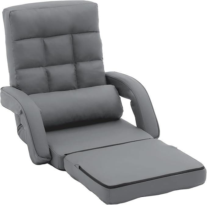 FLOGUOR 14-Position Adjustable Floor Chair Chaise Lounge Indoor Folding Lazy Sofa with Armrests and a Pillow Padded Adults Gaming Chairs for Living Room Bedroom Factory Price8803 (Grey（PU）)