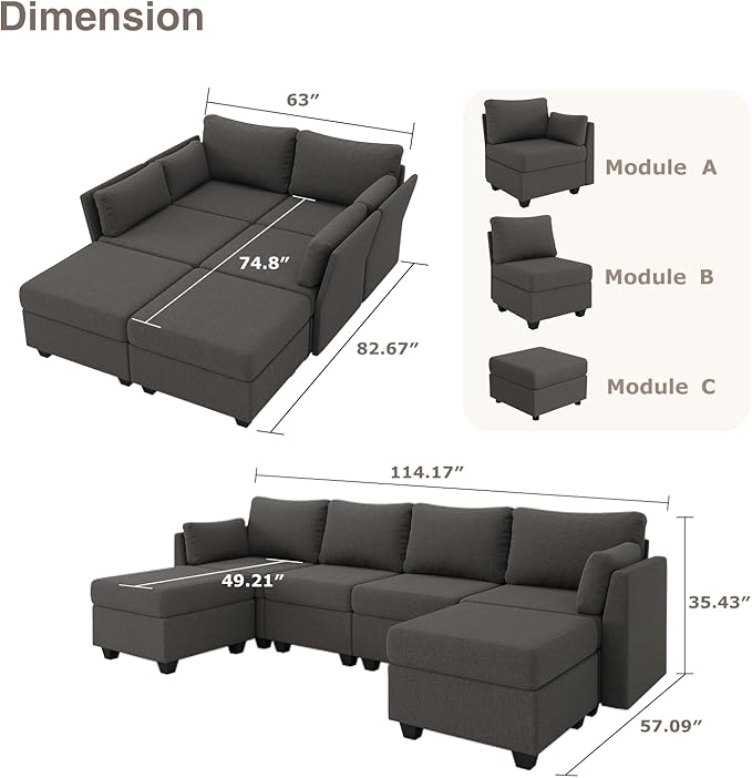 114.17 Modular Sectional Sofa 6 Seat Modular Couch with Storage Memory Foam Convertible Sectional Couches for Living Room U Shaped Comfy Modular Sofa with Chaise Dark Grey