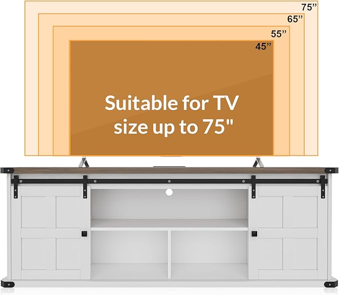 GAOMON 70 Farmhouse TV Stand for 80/75/70 Inch TVsEntertainment Center Storage Cabinets w/Power Outlets and Sliding Barn DoorRustic TV Stands for Living RoomMedia Console Cabinet (White+Brown)