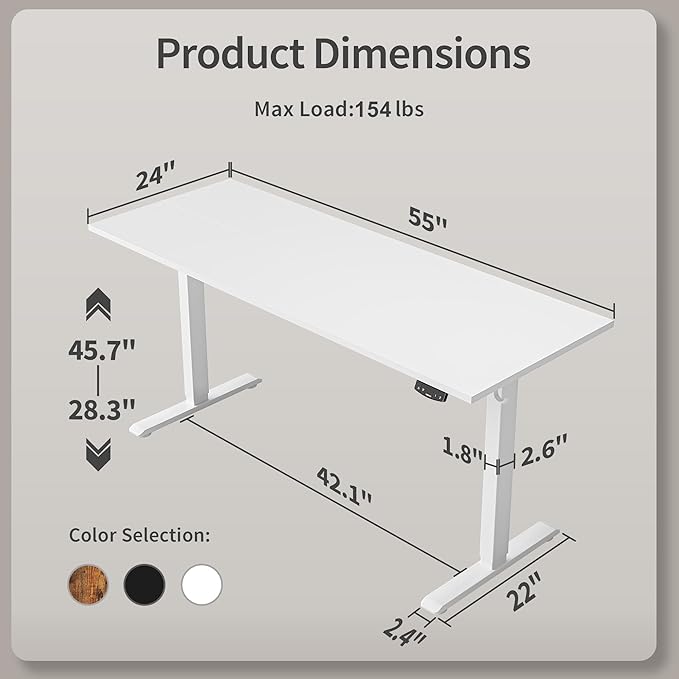 Agilestic Electric Standing Desk 55 x 24 Inches Height Adjustable Desk Sit Stand up for Work Office Home Ergonomic Rising Computer Table with Memory Preset White