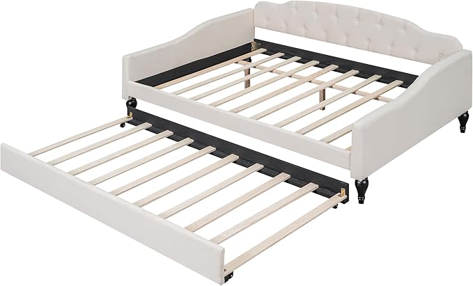 MERITLINE Upholstered Full Size Daybed Frame with Twin Size Trundle Modern Linen Button Tufted Daybed Wooden Full Sofa Daybed Frame for Living Room Bedroom No Box Spring Needed Beige