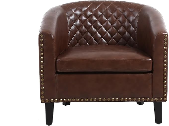Accent Barrel Chair Living Room Chair with Nailheads and Solid Wood Legs Brown PU Leather