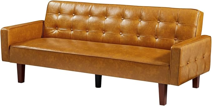 Vegan Leather Sofa Bed Sleeper Couch 74.4 Inch Convertible Loveseat Size for Small Space 3 Seater Chesterfield Button Tufted for Office Apartment Dorm Living Room Brown