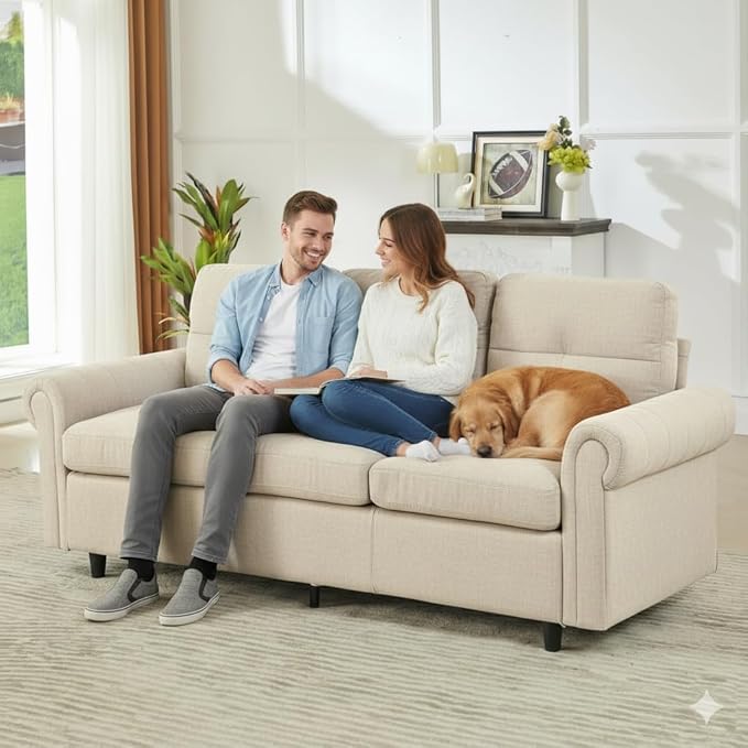 81.1 3-Seater Fabric Sofa Modern Living Room Couch with Rolled Arms and Stitch-Tufted Cushions Comfortable Upholstered Sofa for Home or Apartment (White 3 Seater)