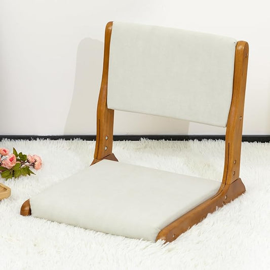 HollyHOME Floor Chair with Back Support Foldable Japanese Style Floor Chair Wood Legless Tatami Chair with Cushion Accent Meditation Floor Seat for Bay Window Living Room Bedroom Beige