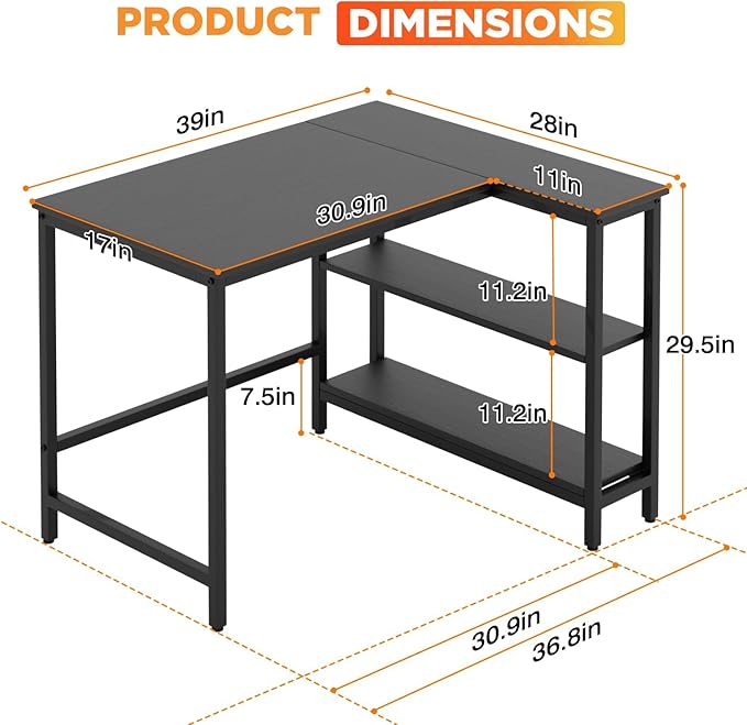L Shaped Computer Desk 39 Inch Corner Desk with Reversible Storage Shelves Home Office Desk with Metal Frame Modern Simple Style for Home Office Living Room Bedroom Black
