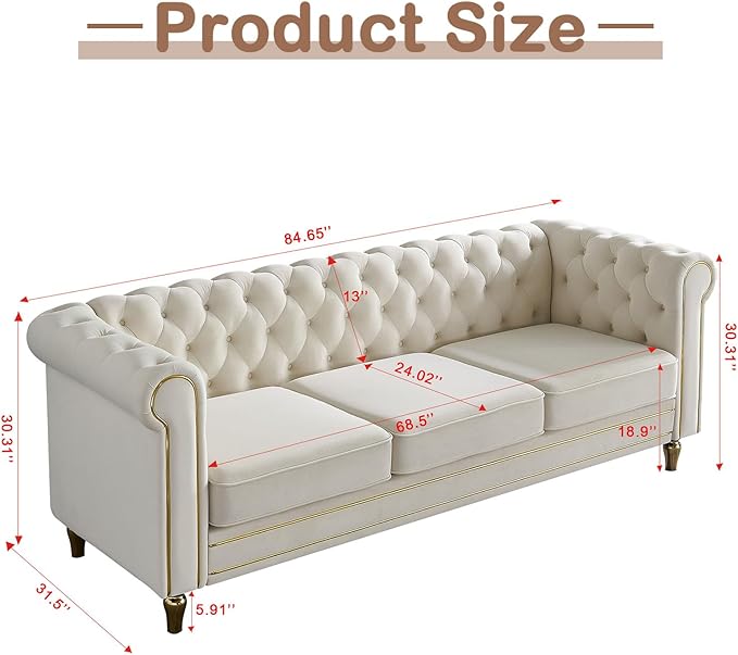 84 Velvet Sofa with Gold Legs Luxury Tufted Couch for Living Room Chesterfield Sofa with Thick Cushion Wide Armrest High-Density Foam Gold Strip Trim (Beige)
