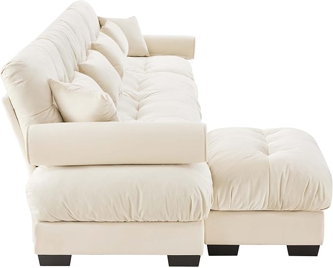 Velvet Modular Sectional Sofa4-Seater Cloud Couch with OttomanPillows and High Density Memory Foam for Living Room Home TheaterApartment（Beige）