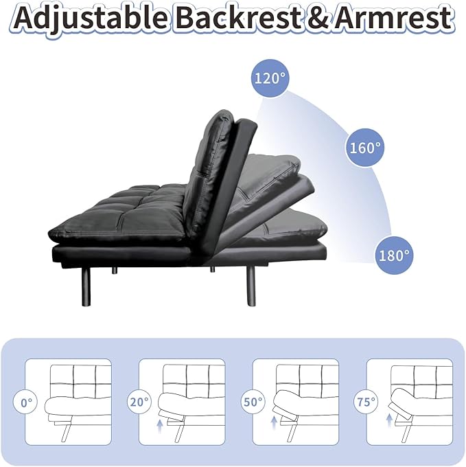 MUUEGM Futon Sofa Bed Memory Foam Matte Black Futons Modern Office Couch Sleeper Bed Convertible Love seat Sofa for Small SpacesApartmentOffice with Adjustable Armrest Backrest