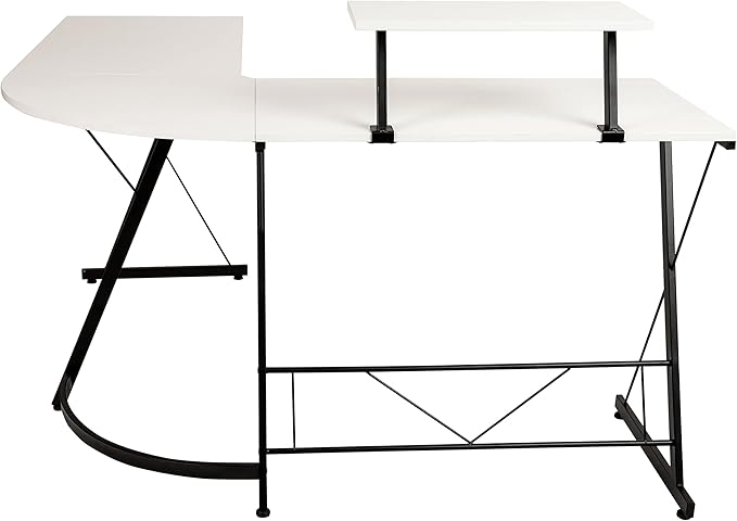 Flash Furniture Ginny Corner Desk - White/Black Space Saving L-Shaped Gaming Desk with Monitor Shelf - 71.5 2-Tier Computer Desk Home Office Desk Easy Assembly