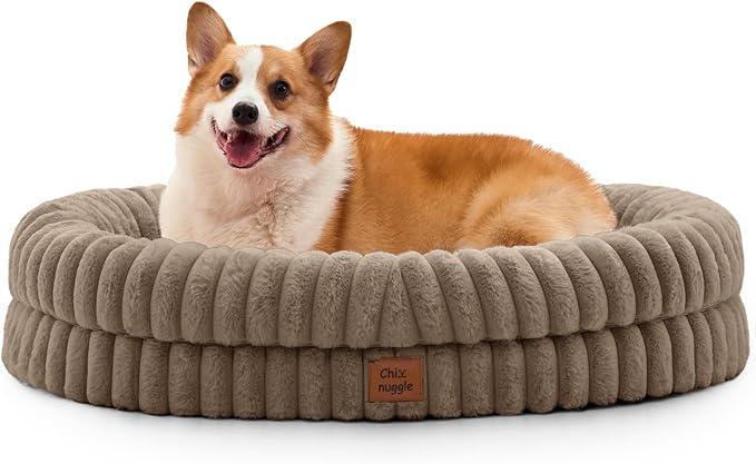 Dog Bed Large Sized Dog - Luxury Striped Faux Fur Waterproof Dog Couch with Removable Washable Cover Orthopedic Dog Bed with Bolster Sides for Sleeping Taupe