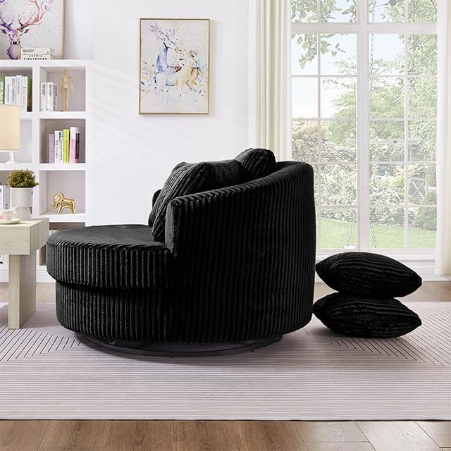 360° Swivel Accent Barrel Chair Corduroy Comfy Round Swivel Chair with Mental Base &amp Pillows Modern Lounge Reading Armchair Upholstered Plush Sofa Chairs for Living Room Bedroom Apartment(Bla