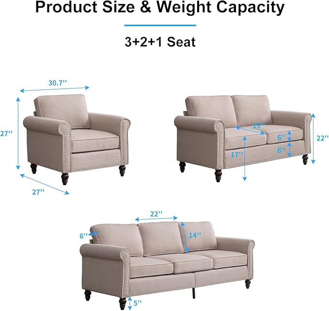 PUREMIND 3 Piece Living Room Sets Furniture Sectional Couch and Loveseat and Armchair Set Modern 3 Seater Sofa + 2 Seater Couch+ Accent Chair Furniture Set for Living Room