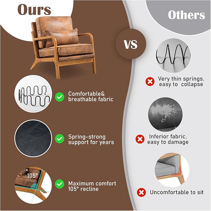Leather Armchair with Wood Frame Waist Cushion Mid Century Modern Comfortable Single Person Sofa Chair Armrest Reading Accent Chairs for Living Room Bedroom (Brown)