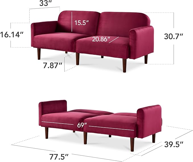 Best Choice Products 77 Mid Century Modern Velvet Loveseat Sofa Couch Convertible Sofa Sleeper Bed w/Real Wood Removable Armrest - Raspberry