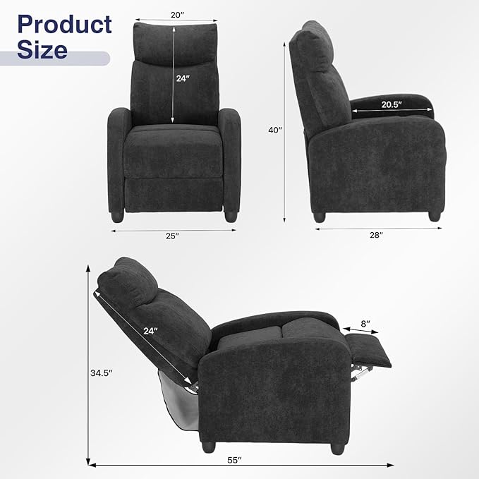 Compact Reclining Chair Linen Upholstered Single Recliner Sofa Chair with Adjustable Backrest &amp Footrest Ideal for Home Living Room Bedroom Office Black
