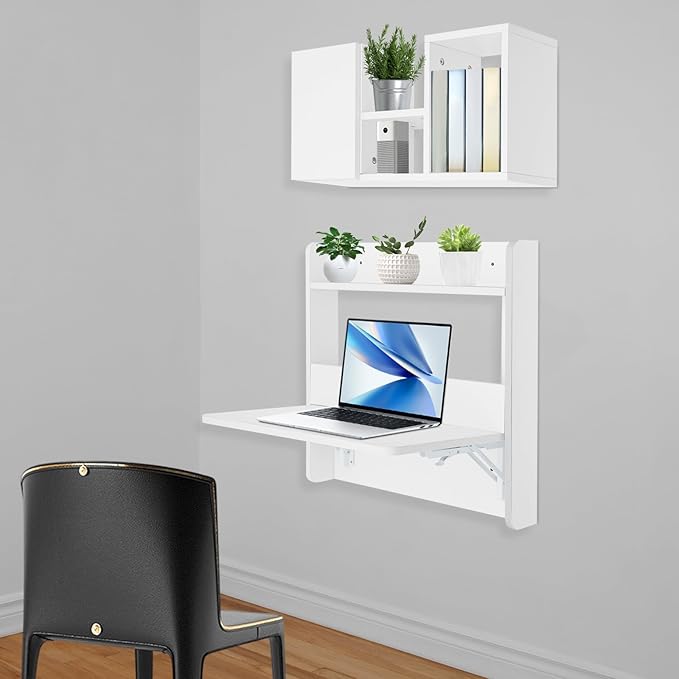 Wall Mounted Folding Table Solid Wood Floating Desk for Small Spaces with Storage Shelves Fold Down Laptop Desk Functional Hanging Bookshelf for Home Living Room Office (White)