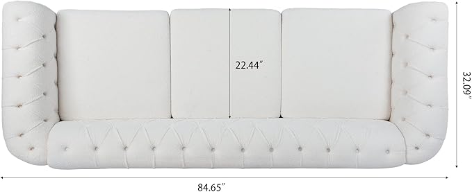 GDFStudio 85 Tufted Button Chesterfield Sofa with Deep Seat Cushions Rolled Arms &amp Gold Accent Strip 3-Seater Midcentury Modern Sofa for Living Room Classic Couch Furniture White + Polyester