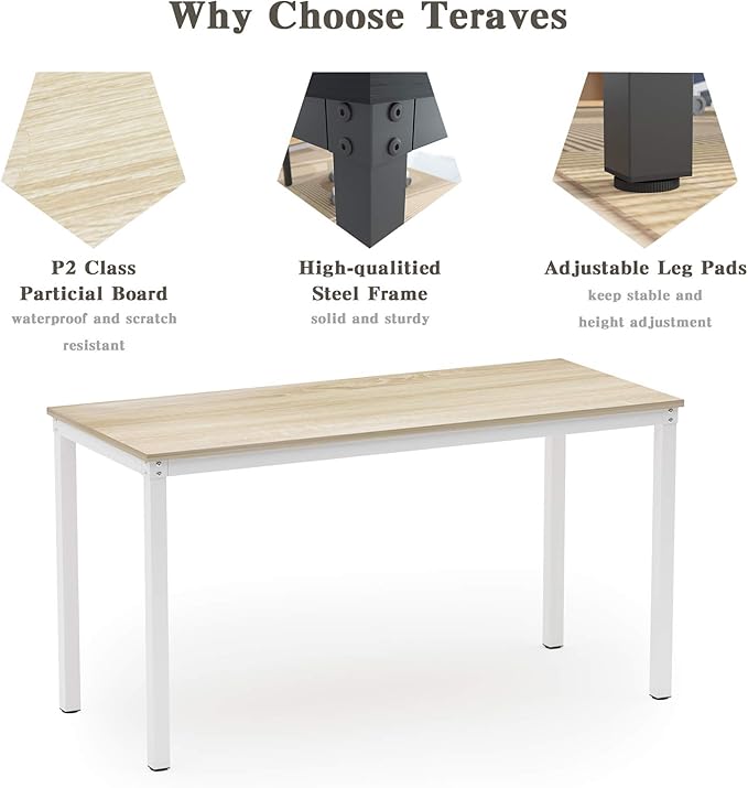 Teraves Computer Desk/Dining Table Office Desk Sturdy Writing Workstation for Home Office (47.24” Beige + White Frame)