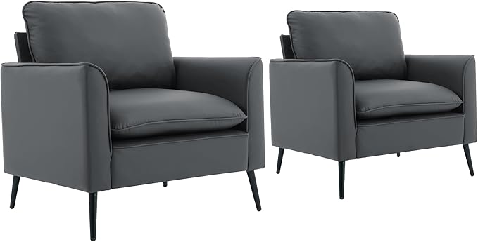 YISHENG Mid-Century Modern Living Room Accent Chairs Set of 2 - Oversized Faux Leather Armchairs with Removable Cushions &amp Metal Legs Comfortable Sofas for Office/Lounge/Bedroom/ReceptionGray
