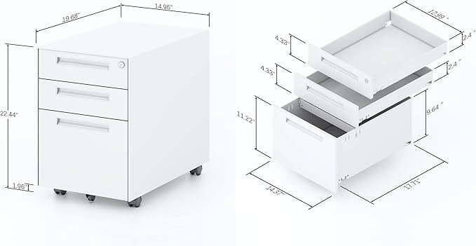 3-Drawer Rolling File Cabinet Metal Mobile File Cabinet with Lock Filing Cabinet Under Desk fits Legal/Letter/A4 Size for Home/Office Fully Assembled Except Wheels (White)