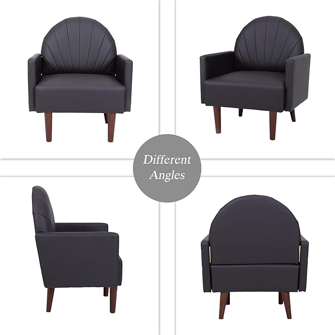 Mid-Century Accent Chairs PU Leather Modern Upholstered Living Room Chair Cozy Armchair Button Tufted Back and Wood Legs for Bedroom Office Cafe (Dark Grey)