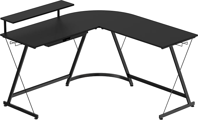 SHW 51 x 51 Inches Vista L-Shaped Desk with Monitor Stand and Drawer Black