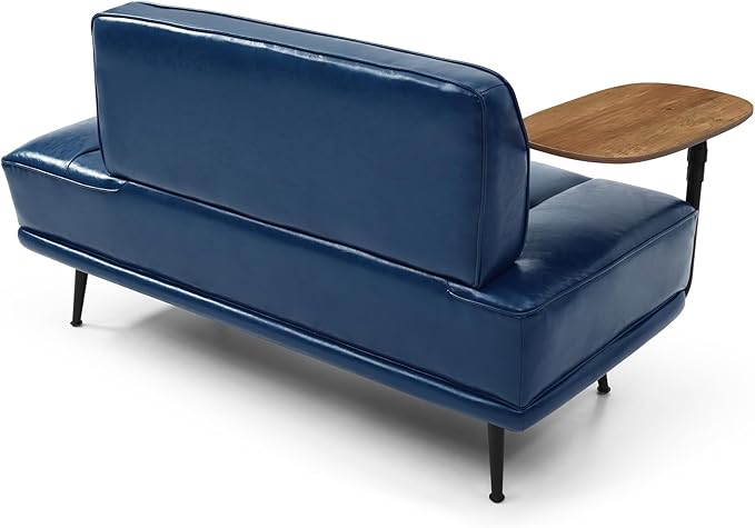 Modern Upholstered End of Bed Bench with 360-Degree Swivel Tray 2 Seater Sofa Couch with Side Table Settee Bench with Metal Legs Backrest for Living RoomEntrywayFoyer (PU-With Tray Navy)