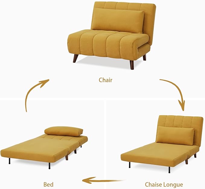 Convertible Sleeper Chair 3 in 1 Folding Single Chair Sleep Turns into Bed Sofa Bed for Adults Foldable Twin Chaise Lounge for Living Room Bedroom Sturdy Wood Frame and Easy Assembly