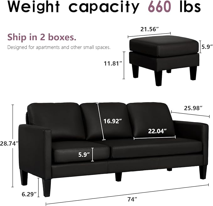 MAGIC UNION Faux Leather Convertible Sectional Couch Sofa L-Shape Sectional Sofa with Chaise Reversible 3-Seat Modern Linen Fabric Small Couches for Living RoomApartmentSmall SpaceOffice (PU Black)