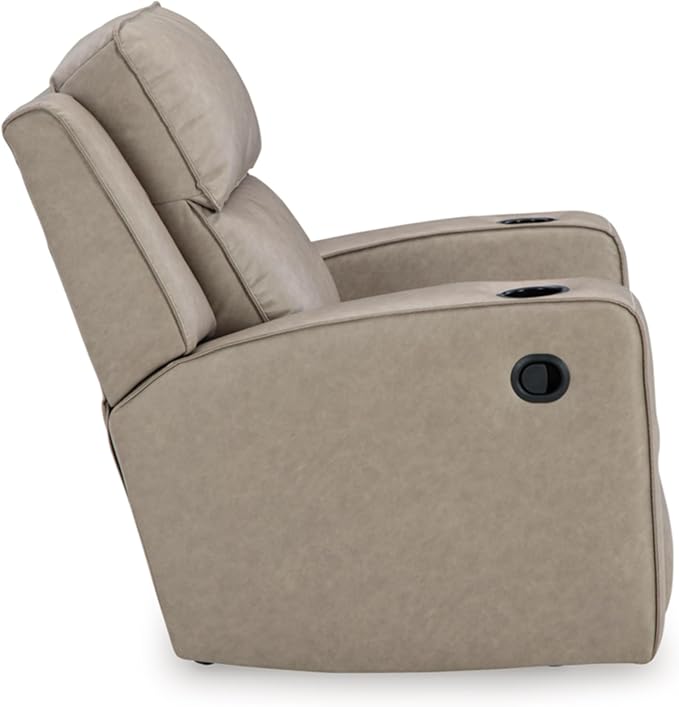 Signature Design by Ashley Lavenhorne Contemporary Faux Leather Upholstered Manual Rocker Recliner with 2 Cup Holders Beige