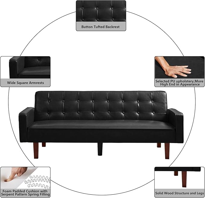 mikibama PU Faux Leather Futon Sofa Couch Upholstered Convertible Sleeper Sofa Bed Futons Modern Tufted 3 Seater Sofa Bed Couch for Living Room Apartment Small Spaces with Solid Wood Legs