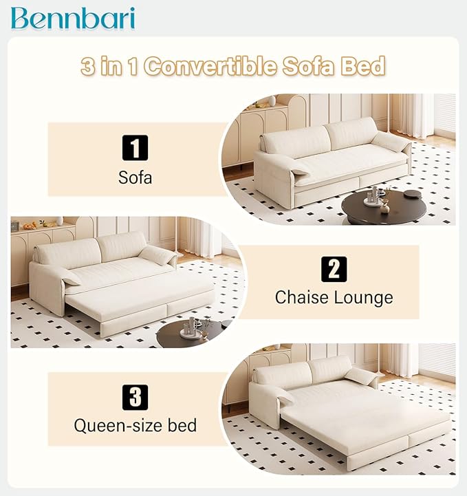 66'' Queen Pull Out Sofa Bed with Thickened Cushions 3-in-1 Convertible Velvet Sleeper Couch with Side Storage Loveseat Futon Lounge Recliner for Living Room Apartment Bedroom Small Space (White)
