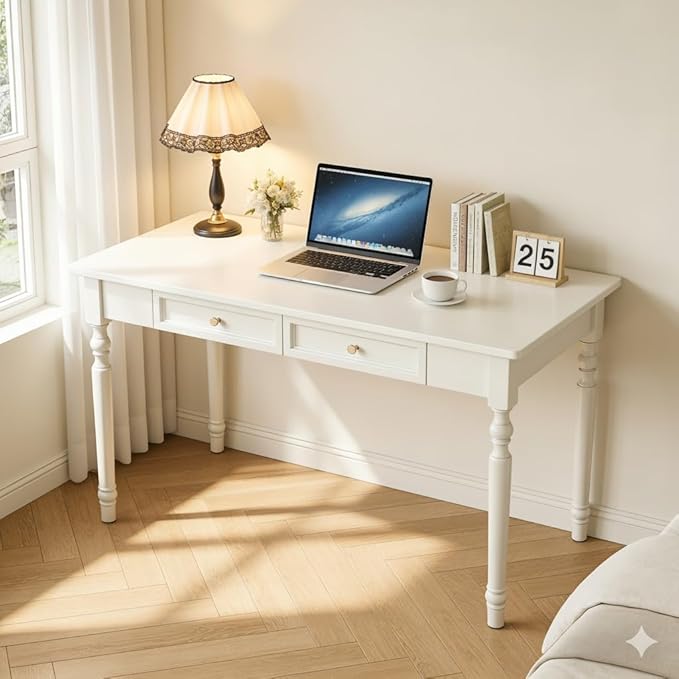 Solid Wood White Desk with Drawers47.2'' Small Computer Desk for Small SpacesGaming Study Home Office Desks for WorkStudent PC Desk for BedroomEscritorios para Cuartos