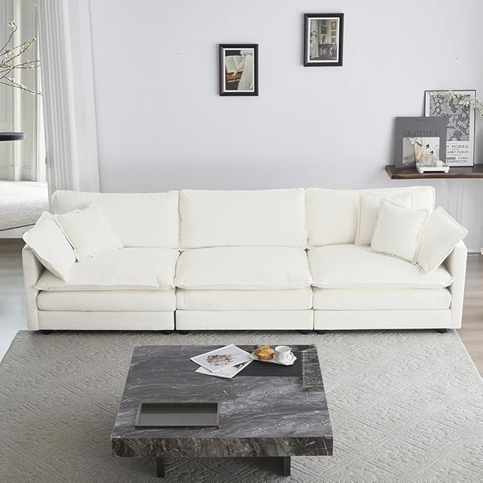 111.5 Sectional Sofa Couch for Living Room Modern Upholstered Sofa 3 Seater Couch with Pillows Deep Seat Sofa Furniture for Apartment Office Chenille Fabric Cream White
