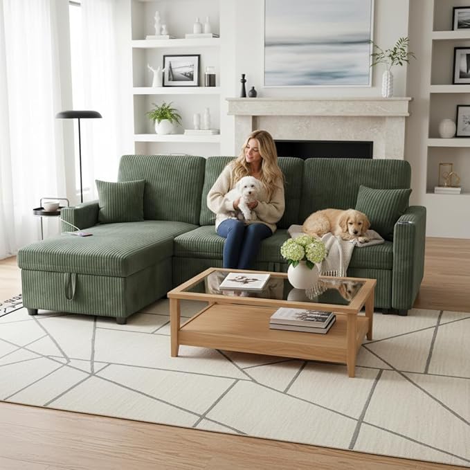 83 Sleeper Sectional Sofa Comfy Convertible Sofa Bed with Pull Out Couches Small Desktop Corduroy L Shaped Couch with Reversible Storage Chaise &amp USB for Living Room Apartment Green