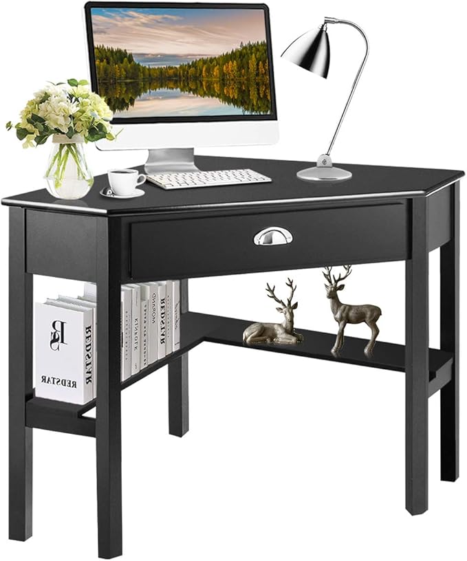 Tangkula Corner Desk Corner Computer Desk with Drawer for Small Space Small Corner Makeup Vanity Desk 90 Degrees Triangle Corner Desk with Storage Shelves