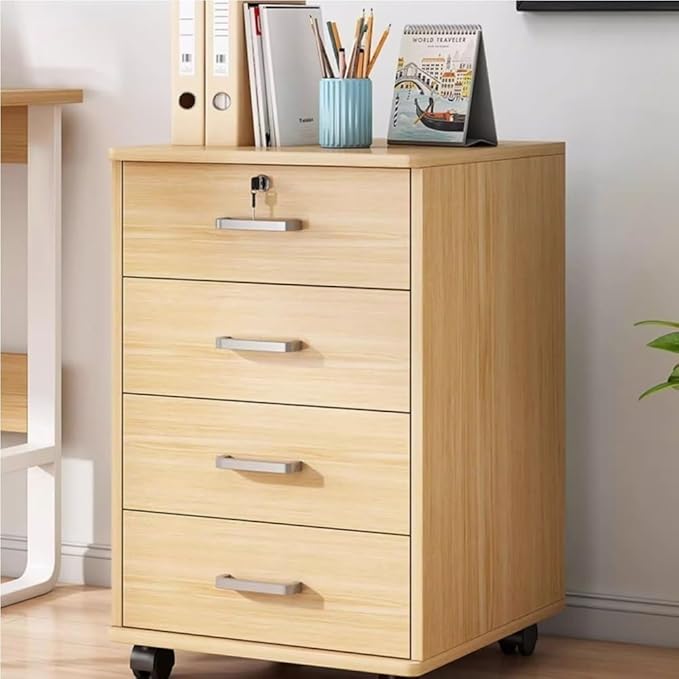 Mobile File Cabinet Wooden Low Desk Drawer with Four Drawers Lockable Storage Cabinet with Removable Wheels Multifunctional Locking Cabinet for Office(White)