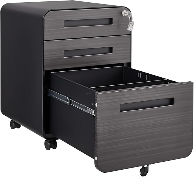 Office Pedestal File Cabinet: Lockable Compact Storage Solution for Home Office - Under Desk Cabinet with Removable Pencil Tray Hanging Bar and 5 Utility Wheels (Black+Brown)