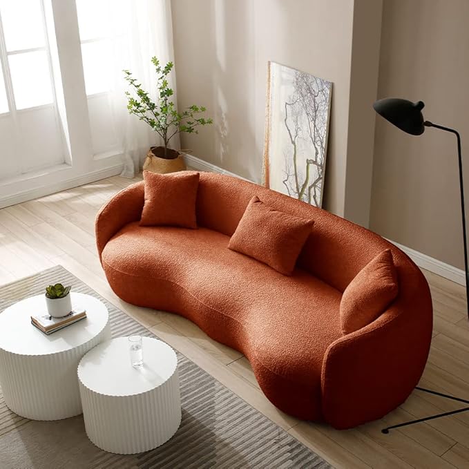 Curved Couch 93.6 4-Seater Modern Boucle Sectional Sofa Comfy Cloud Upholstered 4 Seat Leisure Cushion Sofa with Pillows for Living Room Bedroom Office Apartment Orange