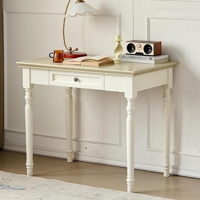 35” Off White Solid Wood Writing Desk with Drawers Farmhouse Computer Desk with File Storage Ideal for Home Office Bedroom or Study Room