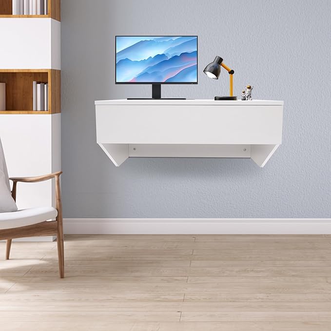 28 Inch Wall Mounted Computer Desk Wall Mounted Desk with Pull Out Drawer Floating Shelf with Drawer Modern Floating Table Floating Wall Organizer White for Home Office
