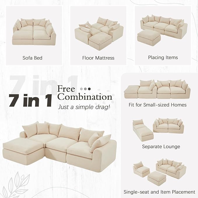 AVAWING 113 Modular Sectional Sofa Modern L Shaped Cloud Couch with Deep Seat &amp Ottoman Soft Boneless Sofa with Chaise for Living Room &amp Bedroom No Assembly Needed (Beige)