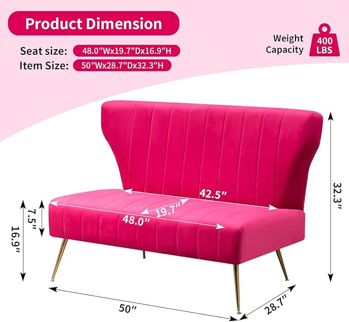50’’ Velvet Modern Armless Loveseat for Living Room Bedroom Upholstered Small Wingback Couch Sofa with Gold Metal Legs &amp 2 Seater (Fuchsia 50 Loveseat)