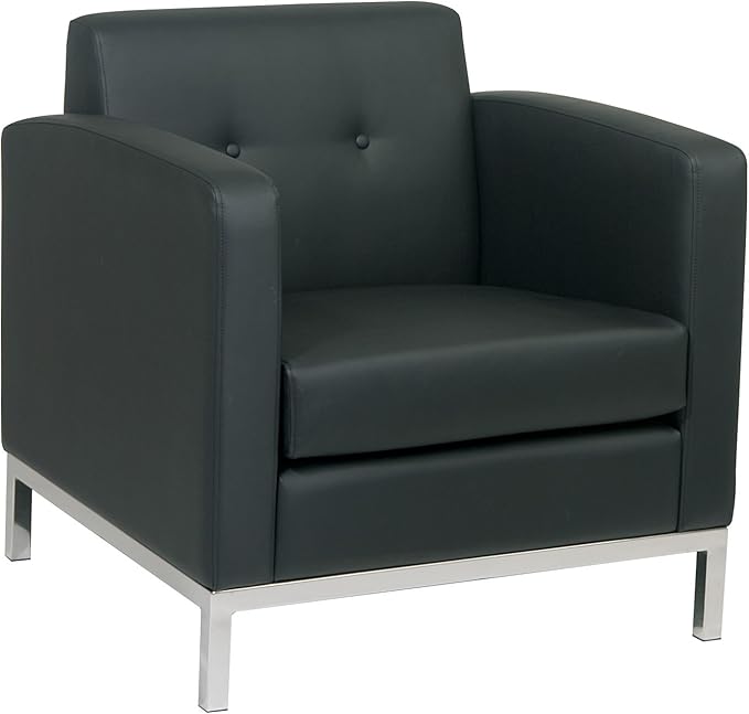 OSP Home Furnishings Wall Street Faux Leather Armchair with Box-Spring Cushion Button Tufted Back and Chrome Finish Base Black