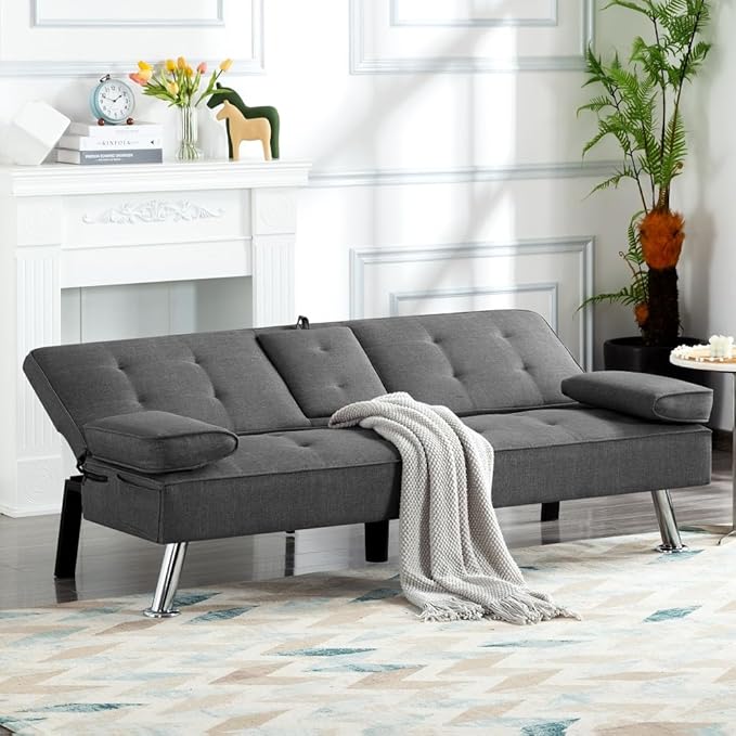 Sofa Bed Adjustment Sofa Double-Sided Double Sofa Folding Sofa Bed GuestbedcupholderBed Modern PU and Polyester Lounge Chair (Dark Grey)