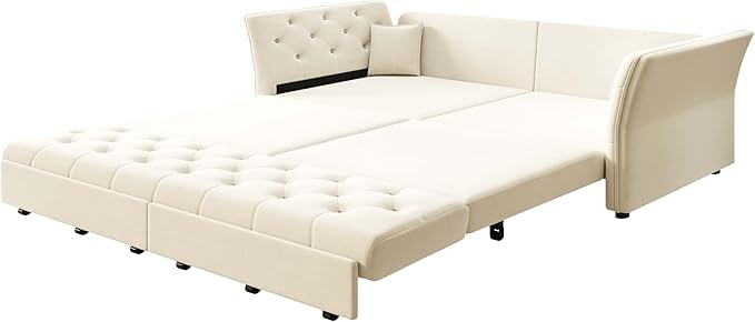 74.4'' Queen Size Sleeper Sofa Velvet Pull Out Couch with Flower-Tuffed Back Chesterfield Convertible Futon Sofa Bed 2 Pillows Deep Loveseat Couches for Living Room Small Spaces Beige