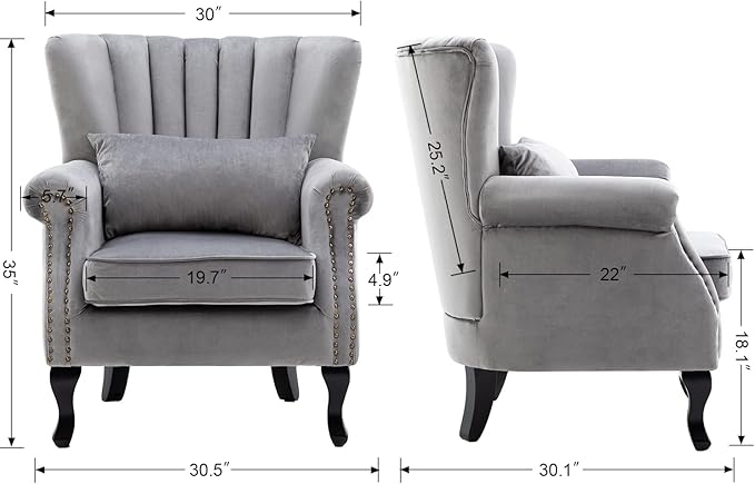 Mid Century Modern Accent Chair Upholstered Armchair Comfy Velvet Fabric Single Sofa with Lined Wingback for Small Spaces Bedroom Living Room Velvet Grey30.1D x 30.5W x 35H in